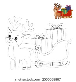 Reindeer with Santa claus sleigh full of gifts coloring page. Santa claus sleigh full of gifts and his reindeer. Holiday seasons worksheet printable for kids. Christmas worksheet.