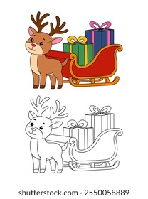 Reindeer with Santa claus sleigh full of gifts coloring page. Santa claus sleigh full of gifts and his reindeer. Holiday seasons worksheet printable for kids. Christmas worksheet.