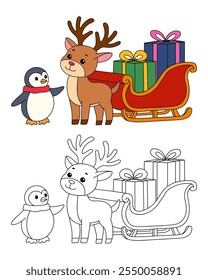 Reindeer with Santa claus sleigh full of gifts coloring page. Santa claus sleigh full of gifts and his reindeer. Holiday seasons worksheet printable for kids. Christmas worksheet.