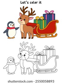 Reindeer with Santa claus sleigh full of gifts coloring page. Santa claus sleigh full of gifts and his reindeer. Holiday seasons worksheet printable for kids. Christmas worksheet.