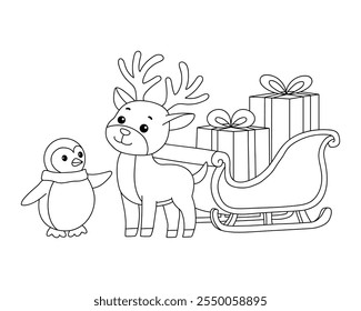 Reindeer with Santa claus sleigh full of gifts coloring page. Santa claus sleigh full of gifts and his reindeer. Holiday seasons worksheet printable for kids. Christmas worksheet.