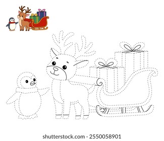 Reindeer with Santa claus sleigh full of gifts coloring page. Santa claus sleigh full of gifts and his reindeer. Holiday seasons worksheet printable for kids. Christmas worksheet.