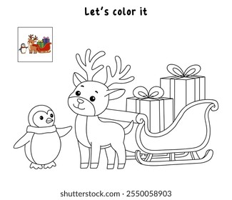 Reindeer with Santa claus sleigh full of gifts coloring page. Santa claus sleigh full of gifts and his reindeer. Holiday seasons worksheet printable for kids. Christmas worksheet.