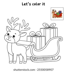 Reindeer with Santa claus sleigh full of gifts coloring page. Santa claus sleigh full of gifts and his reindeer. Holiday seasons worksheet printable for kids. Christmas worksheet.