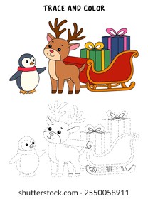 Reindeer with Santa claus sleigh full of gifts coloring page. Santa claus sleigh full of gifts and his reindeer. Holiday seasons worksheet printable for kids. Christmas worksheet.