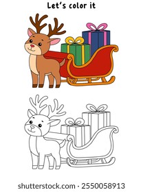 Reindeer with Santa claus sleigh full of gifts coloring page. Santa claus sleigh full of gifts and his reindeer. Holiday seasons worksheet printable for kids. Christmas worksheet.