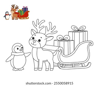 Reindeer with Santa claus sleigh full of gifts coloring page. Santa claus sleigh full of gifts and his reindeer. Holiday seasons worksheet printable for kids. Christmas worksheet.