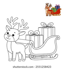 Reindeer with Santa claus sleigh full of gifts coloring page. Santa claus sleigh full of gifts and his reindeer. Holiday seasons worksheet printable for kids. Christmas worksheet.