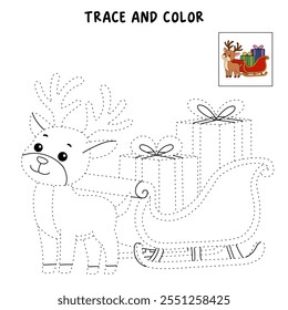 Reindeer with Santa claus sleigh full of gifts coloring page. Santa claus sleigh full of gifts and his reindeer. Holiday seasons worksheet printable for kids. Christmas worksheet.