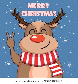 The reindeer from Santa Claus team greets and says hello. Peace gesture. Merry christmas and new year. Text. 2022 tiger. Flat style. Blue background. Snowfall. Stock Vector Illustration. Horn. 