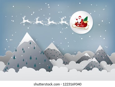 Reindeer and Santa Cross on Snow sled in the winter season.