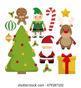 reindeer santa gift pine tree elf coockie icon. Merry Christmas decoration and season theme. Colorful design. Vector illustration