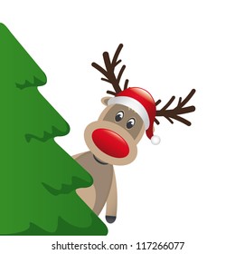 reindeer with santa hat behind christmas tree