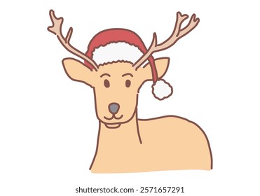 Reindeer in Santa Hat: A charming illustration of a reindeer wearing a festive Santa hat, perfect for Christmas cards, decorations, and winter-themed projects. Hand drawn style vector design.