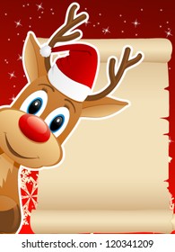 reindeer with Santa hat and Christmas background - vector illustration