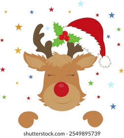 Reindeer in a Santa hat. Reindeer face. Cartoon reindeer. Symbol a festive Christmas fairy tale. A cheerful and friendly character. Winter magic.