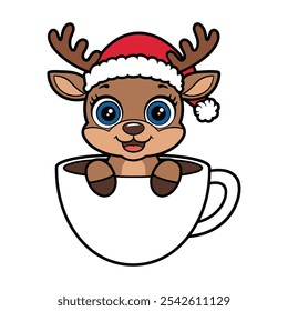 Reindeer with Santa Hat Relaxing in a White Cup Illustration