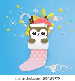 reindeer and santa hat in socket,bell, snow flake,red hat,and text merry christmas