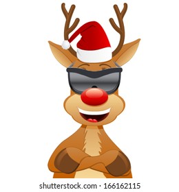 reindeer with Santa hat and sunglasses 