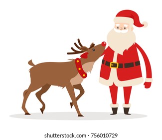 Reindeer and Santa isolated on white. Santa strokes his friend head. Saint Nicolas favourite pet. Brown deer and fairy character in cartoon style. Editable elements in flat design vector illustration