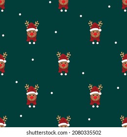 Reindeer Santa with Red Scarf and White Snow on Green Background. Vector Illustration.