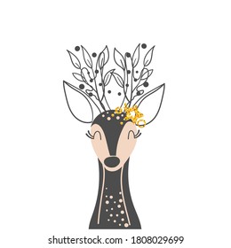 Reindeer in Scandinavian style on a white background with sequins. Autumn postcard for a poster in the children's room