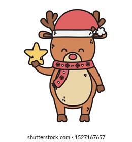 reindeer with scarf and hat star decoration merry christmas vector illustration