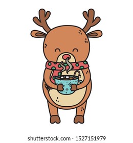 reindeer with scarf holding chocolate cup decoration merry christmas vector illustration