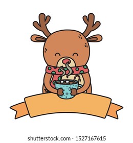 reindeer with scarf holding chocolate cup decoration merry christmas emblem vector illustration