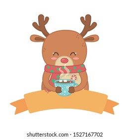 reindeer with scarf holding chocolate cup decoration merry christmas emblem vector illustration