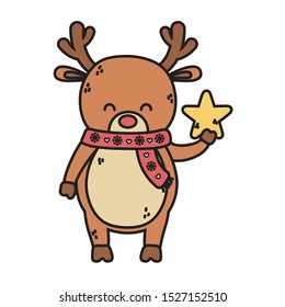 reindeer with scarf holding star decoration merry christmas vector illustration