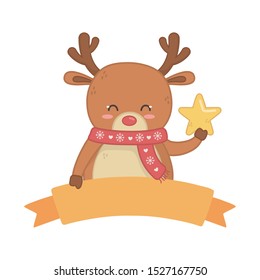 reindeer with scarf holding star decoration merry christmas emblem vector illustration