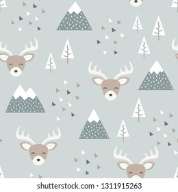 Reindeer Seamless Pattern Background, Happy cute deer in the forest between mountain tree and cloud, cartoon reindeer vector illustration for kids forest background with triangle dots