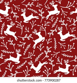 Reindeer Seamless Pattern with Floral, Christmas Background, Vector illustration