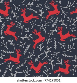 Reindeer Seamless Pattern with Floral, Christmas Background, Vector illustration