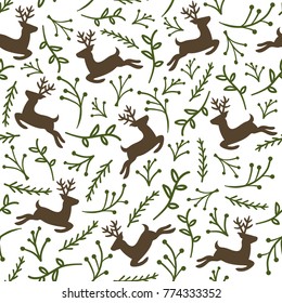 Reindeer Seamless Pattern with Floral, Christmas Background, Vector illustration