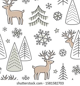 Reindeer seamless pattern.  Slate colors tree and deer on white background. Scandinavian winter style. Vector illustration.