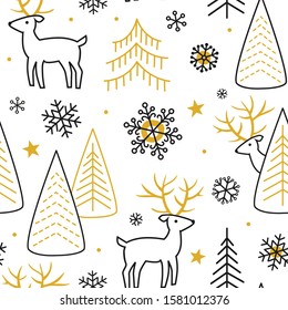 Reindeer seamless pattern. White background with deer and gold color. Scandinavian winter style. Vector illustration.