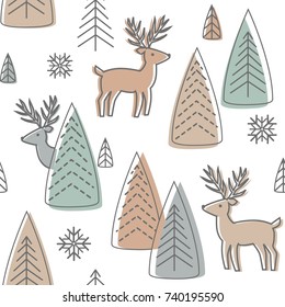 Reindeer seamless pattern. White background with coloring deer and forest. Scandinavian winter style. Vector illustration.