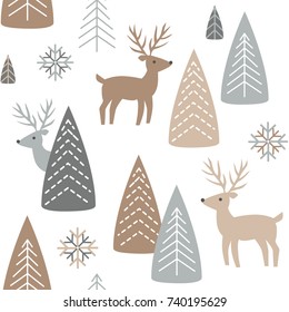 Reindeer seamless pattern. White background with deer and forest. Scandinavian winter style. Vector illustration.