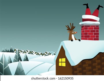Reindeer sees Santa Claus stuck in the chimney background. EPS 10 vector, grouped for easy editing. No open shapes or paths.