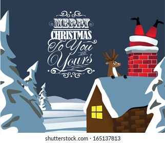 Reindeer sees Santa stuck in the chimney Christmas Card design. EPS 10 vector, grouped for easy editing. No open shapes or paths.