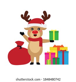 Reindeer set Happy smile in Christmas celebration, standing holding gifts, standing waving, giving out gifts. Pins into the chimney.vector illustration and icon