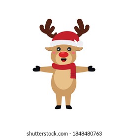 Reindeer set Happy smile in Christmas celebration, standing holding gifts, standing waving, giving out gifts. Pins into the chimney.vector illustration and icon