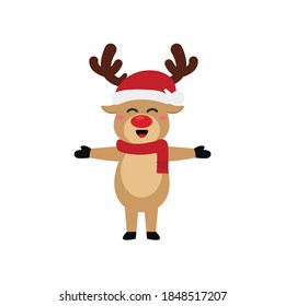Reindeer set Happy smile in Christmas celebration, standing holding gifts, standing waving, giving out gifts. Pins into the chimney.vector illustration and icon