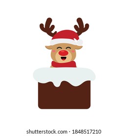 Reindeer set Happy smile in Christmas celebration, standing holding gifts, standing waving, giving out gifts. Pins into the chimney.vector illustration and icon