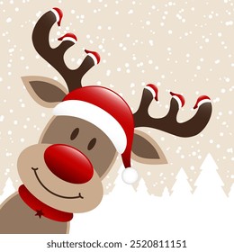 Reindeer Seven Hats Winter Forest Snow Background Beige Dark Red