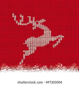 Reindeer shape on the red knitted background with snowflakes. Eps 10 vector file.
