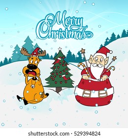 Reindeer shocked no gifts in Santa's red bag. shocked Santa and deer not gift in red bag. Shocked Santa Claus is looking into the red sack with deer. Christmas illustration. Funny Santa and deer.