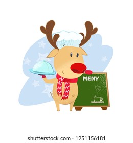 Reindeer showing Christmas menu. Cartoon, dish, cooking. Can be used for topics like food, restaurant, cafe